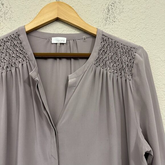 NWOT ECRU L/S Beaded Washable Silk Button-Up Shirt Pleated in Smokey Purple - Picture 2 of 12